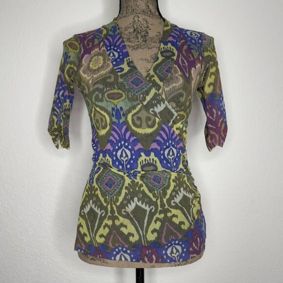 NWT $99 Weston Wear Green Multicolor Ikat Boho Patterned Mesh Top Women’s Small - Picture 1 of 6